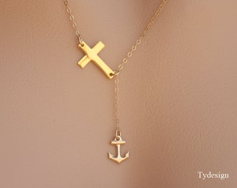 Gold cross Anchor necklace,Sideways Cross lariat,wedding jewelry gift,faith necklace,bridesmaid gift,Navy wife gift,hope strength anchor