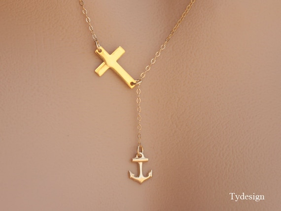 Gold cross Anchor necklace,Sideways Cross lariat,wedding jewelry gift,faith necklace,bridesmaid gift,Navy wife gift,hope strength anchor