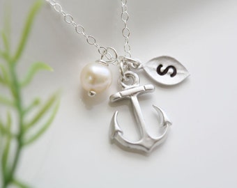 Anchor Necklace,Anchor with leaf initial,Pearl,Sailors Anchor,Wedding Jewelry,Bridesmaid gifts,daily Jewelry,strength,