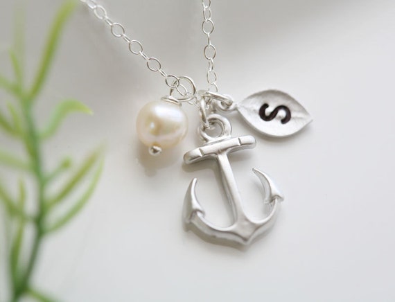 Personalized Anchor Necklace with initial and pearl,Sailors Anchor necklace,Wedding Jewelry,Bridesmaid gifts,strength and hope Jewelry gift