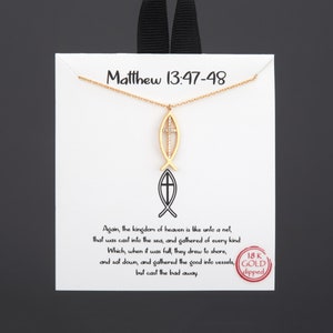 Gold dipped CZ studded cross in Jesus Fish necklace with a note card,Confirmation gift necklace,faith necklace,Best friend gift