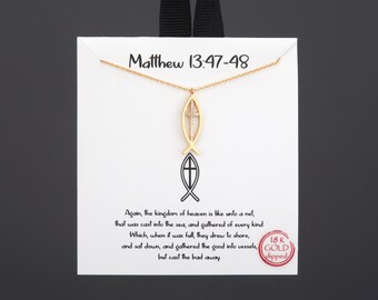 Gold dipped CZ studded cross in Jesus Fish necklace with a note card,Confirmation gift necklace,faith necklace,Best friend gift