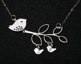 Bird initial,Bird Necklace,bird on the branch,Mother Jewelry,Initial necklace,Mother's day,Family Bird,Lariat Sterling Silver Necklace