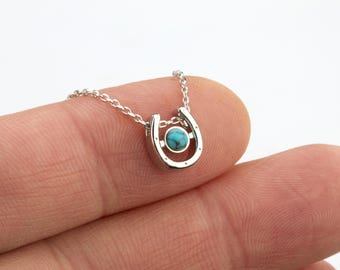 Lucky horse shoe necklace with turquoise bead,Silver or gold,Good fortune gift necklace,Good luck note card
