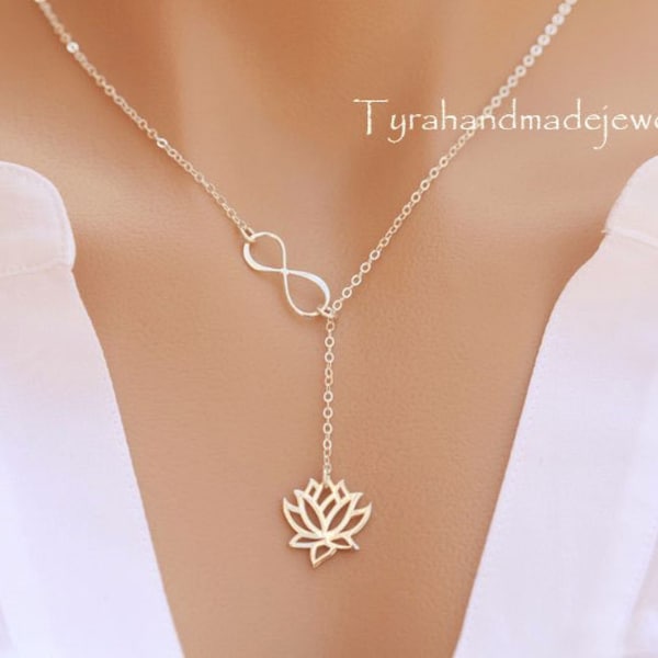 Collier lotus infini en argent sterling, collier fleur de lotus, infini sur le côté, bijoux personnalisés pour carte de message, cadeaux de demoiselle d'honneur, bijoux de mariage