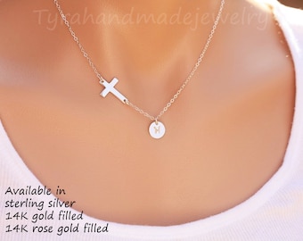 Sideways cross necklace,initial necklace,monogram necklace,hand stamped Initial,font choice,Blessed necklace,Personalized,horizontal cross