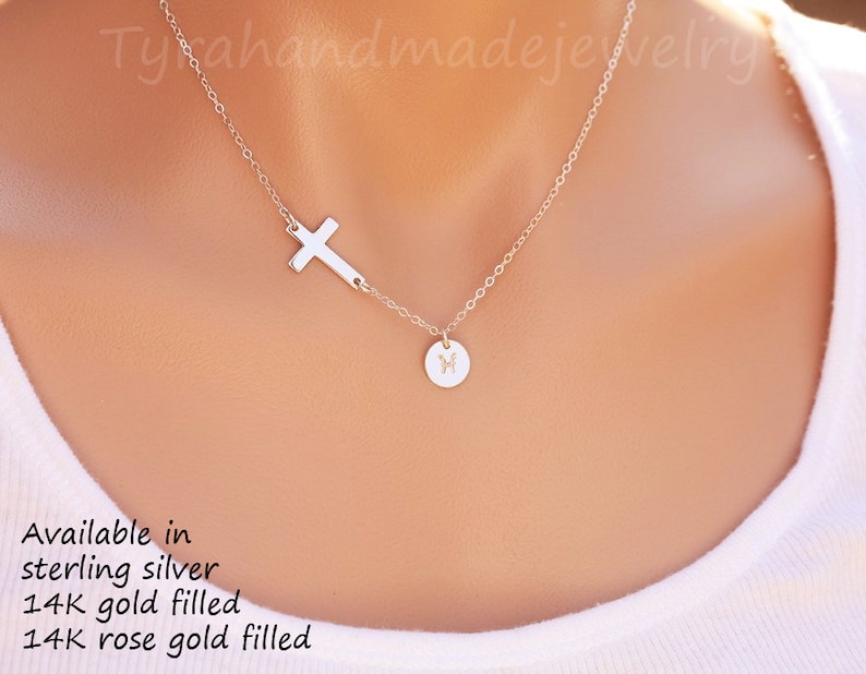 Sideways cross necklace,initial necklace,monogram necklace,hand stamped Initial,font choice,Blessed necklace,Personalized,horizontal cross image 1