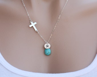 Sideways Cross necklace,Custom initial necklace,custom font monogram,Blessed necklace,Custom birthstone,birthday gift,bridesmaid gift