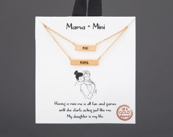 Double Layer mama and mini short bar necklace with note card,Mother daughter gift,Dainty Gold Chain Necklace,Mother's Day gift,custom note