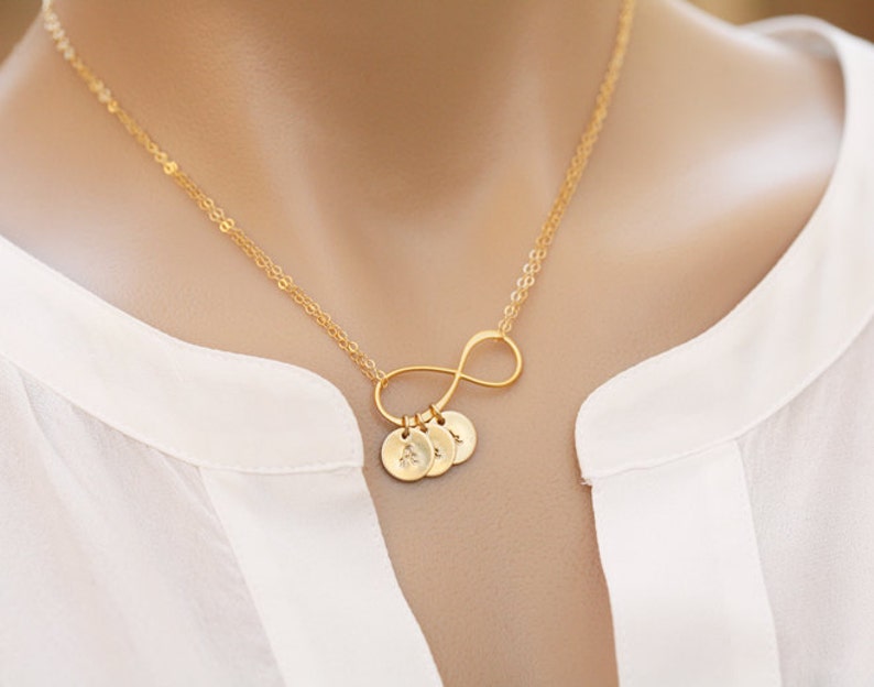 LARGE Infinity Necklace,silver or gold,initial disc or heart necklace,custom font,hand stamped monograms,Mother necklace,mother in law gift image 3