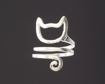Sterling silver cat face on curled up open ring,silver cat snake ring,pet memorial ring,cat lover ring