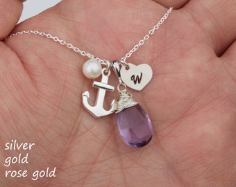 Personalized anchor necklace with initialed heart tag,Strength Anchor Navy wife gift,custom birthstone gift,Beach wedding bridesmaid gift