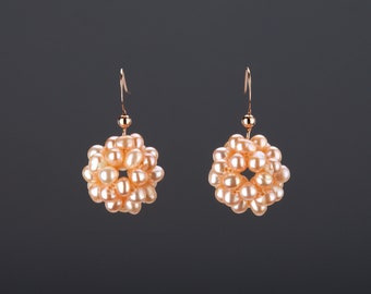 Large Pink Freshwater Pearl cluster earrings,Rose pearl flower ball earring,June birthday earring,bridesmaid earring,party earring