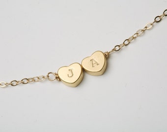 Double sided Heart initial necklace,Gold monogram necklace,couple initials,hand stamped,Bridesmaid gifts,anniversary gift,Valentine's day