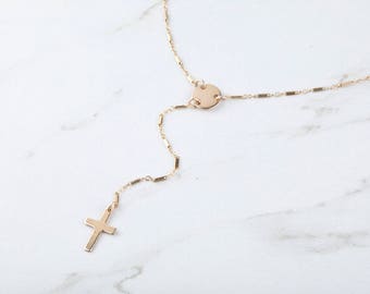 Délicat collier de lariat croisé à disque, argent, or, collier en couches, collier en croix de foi