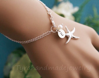 Starfish Initial bracelet,custom birthstone,Beach wedding gift,bridesmaid gifts,sisterhood,customize birthstone,wedding