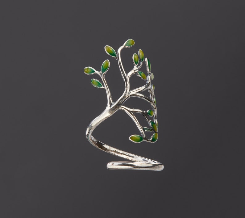 Enameled tree of life silver plated open ring,lively green leaf tree of life open ring,mother's day gift,grandma gift image 6