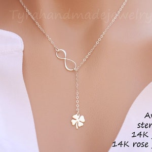 Mejor amigo como un collar de trébol, trébol de cuatro hojas Infinity Lariat, collar shamrock Y, encanto de la suerte, regalo del día de San Patricio, tarjeta de nota personalizada