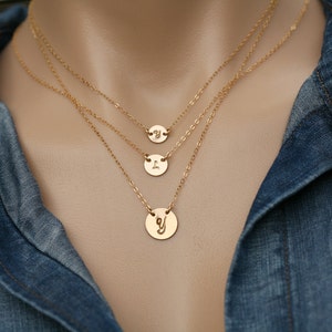 layered initial necklace,tiny initial dot,large initial circle,hand stamped initial,custom font,Silver or gold or rose gold,family initials