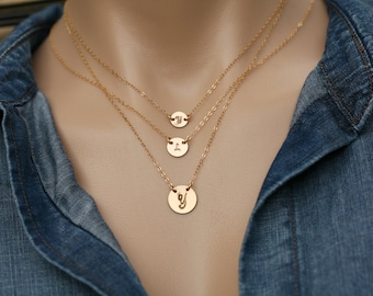 layered initial necklace,tiny initial dot,large initial circle,hand stamped initial,custom font,Silver or gold or rose gold,family initials