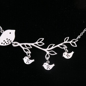 bird family necklace,Initial bird Necklace,bird on branch necklace,mother baby bird necklace,custom monograms,hand stamped,Mother Jewelry,