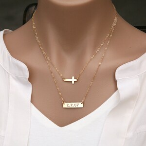 Set of two,Engrave double strand cross Bar necklace,Monogram Bar Necklace,date bar cross necklace,coordinate necklace,GPS necklace