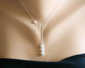 Pearl string Infinity lariat necklace,Figure eight pearl necklace,Friendship gift,bridesmaid gift,wedding bridal jewelry,birthday gift