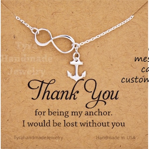 collar de ancla infinito de plata de ley, Lariat Y, boda de la playa, regalo de la dama de honor, joyería de la esposa de la marina, figura personalizada ocho, tarjeta de nota personalizada