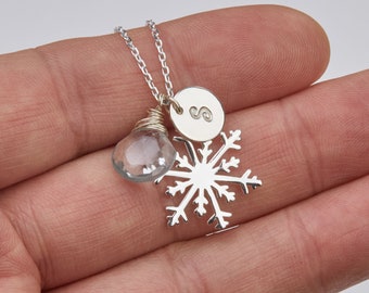 Personalized snowflake necklace with initial charm and birthstone,custom font letter charm,WINTER WEDDING,Bridesmaids Gift,Xmas snowflake