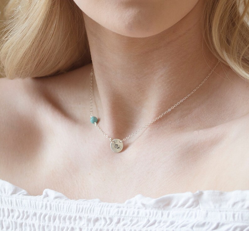 custom stone initial necklace,Tiny turquoise bead,initial disc connector,hand stamped monogram Necklace,Personalized jewelry,custom font, image 3