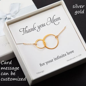 Collar de dos círculos, collar de hermana, regalo de joyería de la hermana, regalo de la hermana en la ley, collar del círculo entrelazado, collar del karma, tarjeta de mensaje de la hermana
