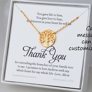 Colar de árvore da vida com cartão de mensagem personalizado, colar de árvore genealógica, presente de dia das mães, presente de colar de casamento, presente de mãe do noivo