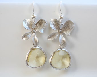 Citrine Sterling Silver Earrings,Stone in bezel,Orchid flower Earrings,Flower Jewelry,Bridesmaid gifts,Wedding Jewelry,Bridesmaid Earrings