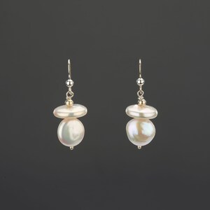 Stacked two layer freshwater Coin Pearl earrings,flat pearl earrings,Duo sterling silver earrings,bridesmaid earrings,best friend gift image 2