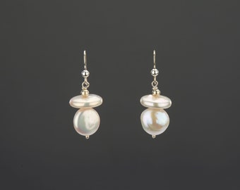 Stacked two layer freshwater Coin Pearl earrings,flat pearl earrings,Duo sterling silver earrings,bridesmaid earrings,best friend gift