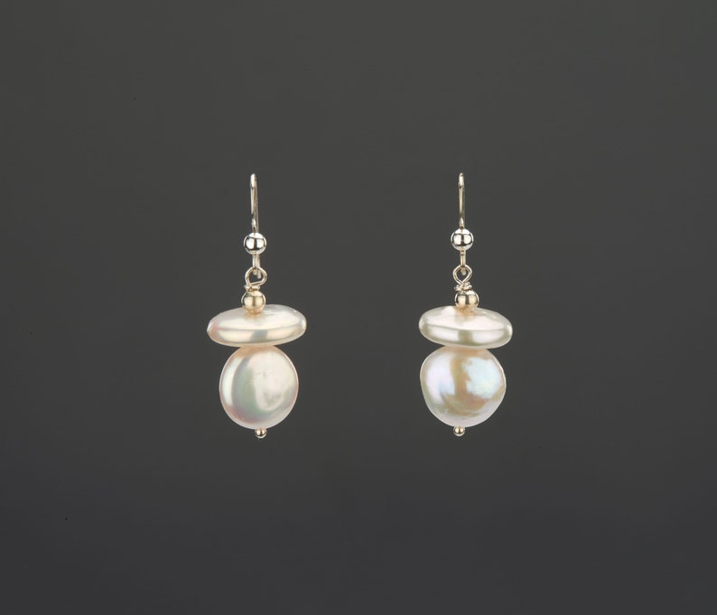 Stacked two layer freshwater Coin Pearl earrings,flat pearl earrings,Duo sterling silver earrings,bridesmaid earrings,best friend gift image 2