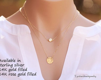 Personalized double layered hammered disc necklace,tiny dot necklace,CZ stone necklace,hammered disc tag necklace,Gold,dainty necklace