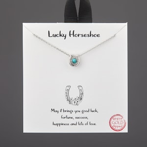 Lucky horse shoe necklace with turquoise bead,Silver or gold,Good fortune gift necklace,Good luck note card image 3