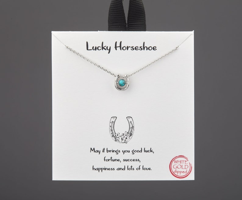 Lucky horse shoe necklace with turquoise bead,Silver or gold,Good fortune gift necklace,Good luck note card image 3