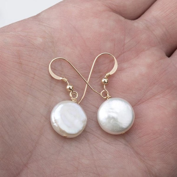 Classic High quality Freshwater Coin Pearl earrings,flat pearl earrings,Duo sterling silver earrings,bridesmaid earrings