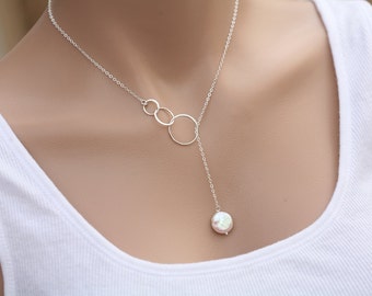 Karma circle necklace,pearl lariat necklace,Eternity Circle necklace,coin pearl pendant lariat,Bridesmaid gift,anniversary gift,birthday