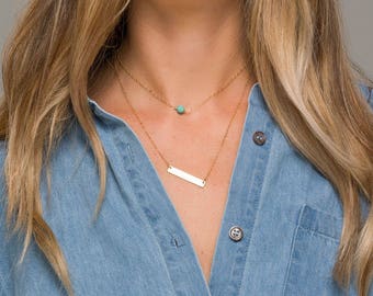 Personalized name bar gemstone necklace,Rectangle Monogram,Contemporary bar,Layered bar necklace,Turquoise,double layered