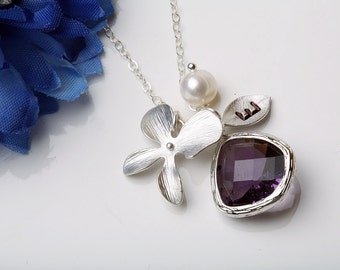 Personalized Orchid necklace with birthstone and initial leaf tag,flower jewelry,Bridesmaid gift,Flower girl gift,custom jewelry card