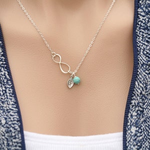 Personalized infinity necklace,custom initial,cusotm birthstone,monogram leaf,Sideways infinity,Tiny stone,Leaf necklace,Friendship gift
