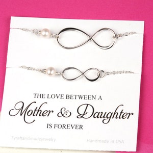 Pulseira infinita, conjunto de presente mãe e filha, pulseira de pérolas, joias de amizade, presente de melhor amiga, presente de irmã, pedra de nascimento personalizada, cartão de nota personalizado