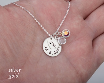 Wedding date anniversary necklace,stamped date disc,couple monogram heart tag,custom birthstone initial,wedding jewelry,Valentine's day gift