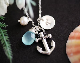 Personalized anchor necklace,custom initial birthstone,custom monogram,Sailor Anchor,Wedding Jewelry,Bridesmaid gift,hope strength anchor
