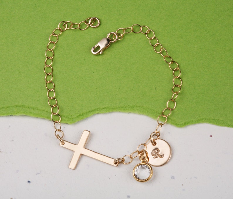 Sideways cross bracelet,initial bracelet,custom birthstone,hand stamped monogram,font choice,God mother gift,Mothers day gift,birthday image 1