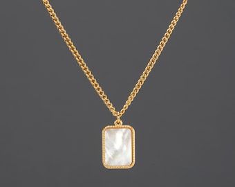 Gold Dipped Mother of Pearl Rectangle Necklace – Minimal MOP Pendant, Do Not Fear Jewelry, Everyday Gold Necklace