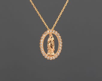 Gold dipped Virgin Mary in CZ studded ring necklace with a note card,White gold dipped virgin of Guadalope,Confirmation gift ,faith necklace